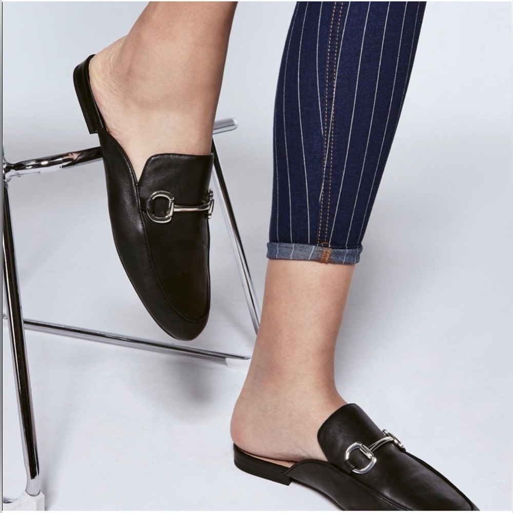 INC International Concepts Leather Black Gilia Horsebit Buckle Slip on Mules 6.5